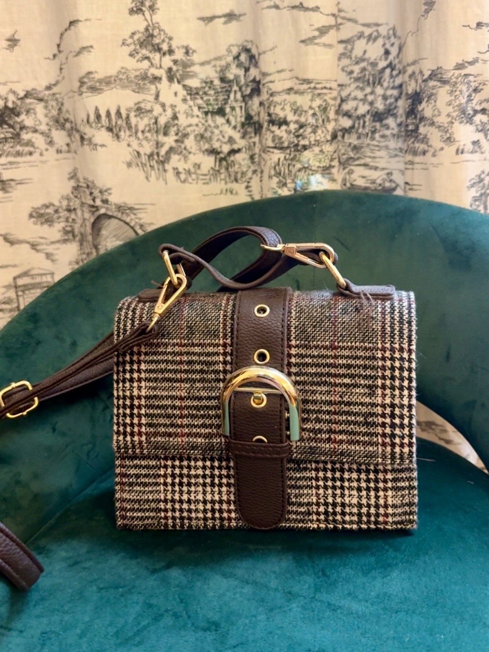 Woven Houndstooth Crossbody Bag with Brown Trim
